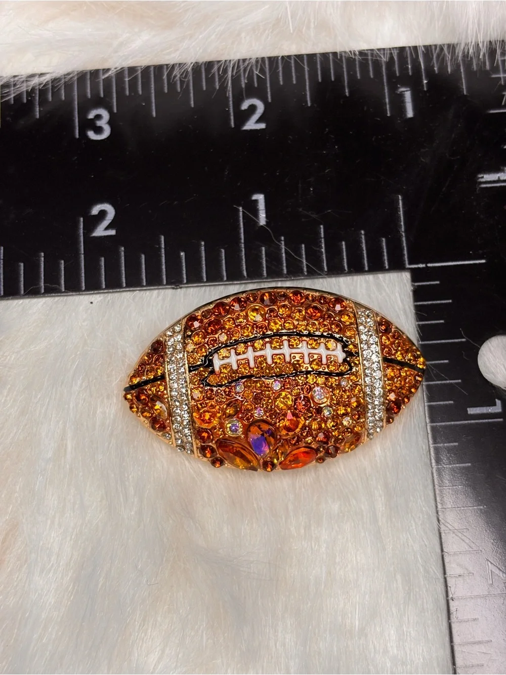 Sparkling Football Brooch – Orange & Amber Rhinestone Sports Statement Pin